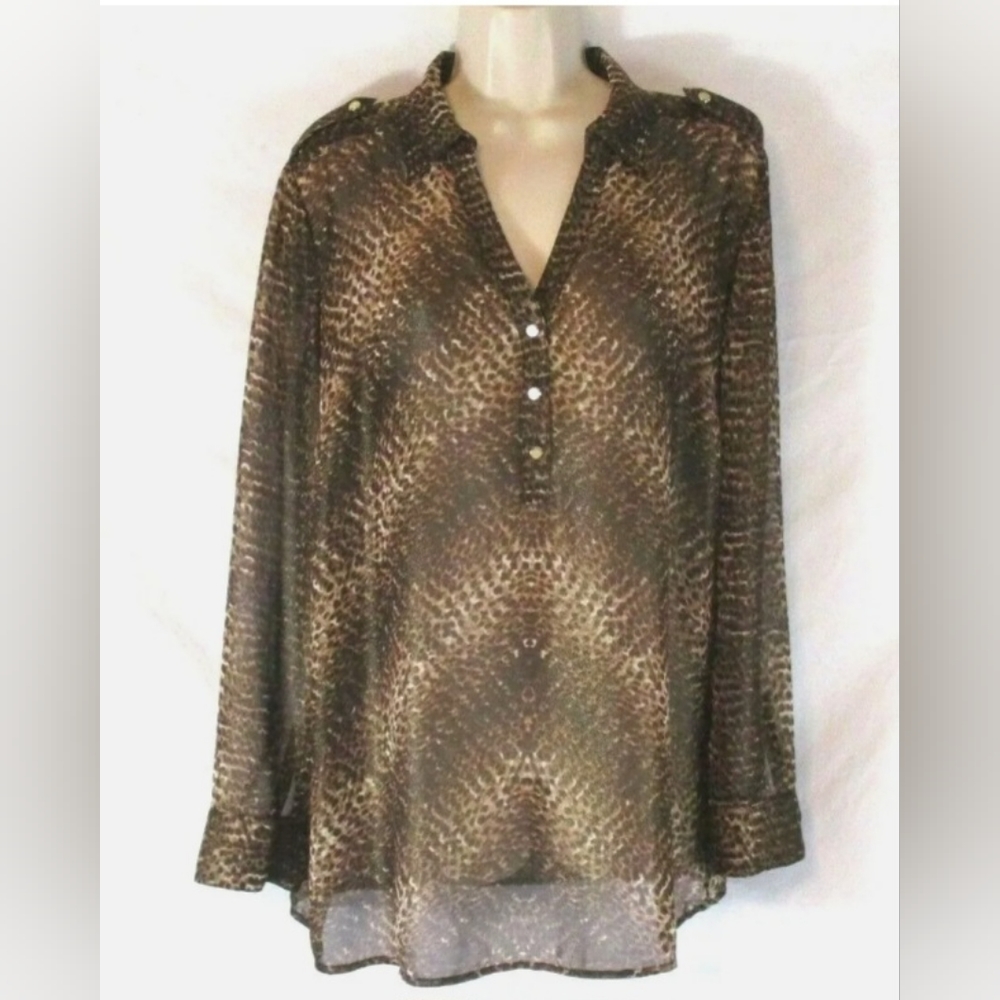 Cache Women Sheer Animal Print V Neck  Long Sleeve Blouse
